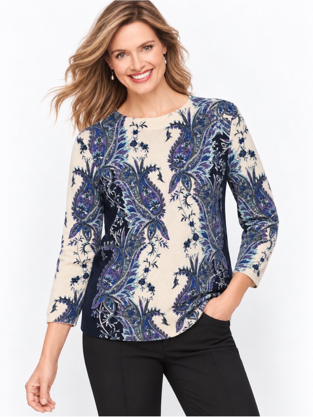 Talbots Paisley Print Cashmere Sweater Size Large